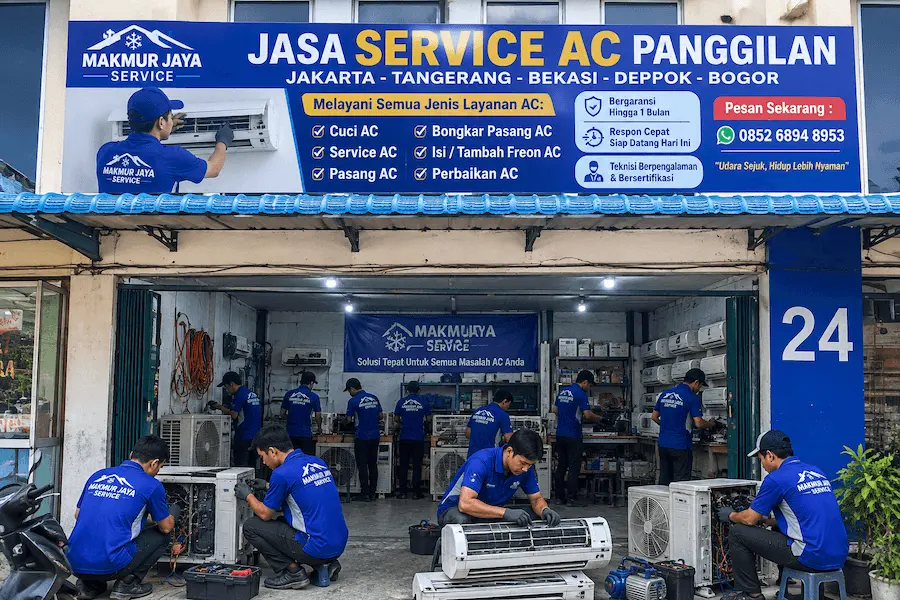 Tim teknisi Makmur Jaya Service AC di bengkel