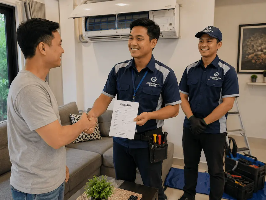Teknisi Makmur Jaya Service menyerahkan kwitansi kepada pelanggan